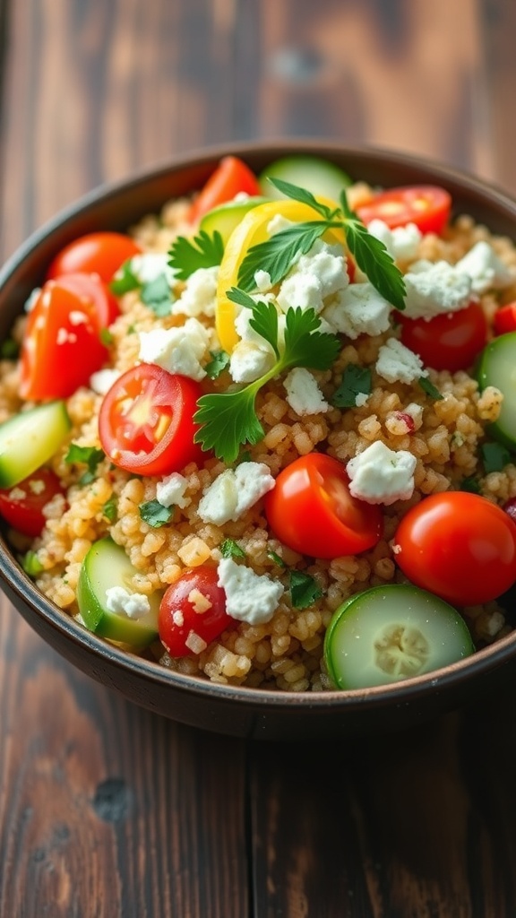A colorful Mediterranean quinoa salad with tomatoes, cucumbers, parsley, and feta cheese on a rustic table.